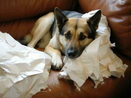 Dog with a mischievous expression surrounded by torn-up pillows AI Generative photo