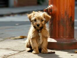 Cute puppy sitting by a fire hydrant AI Generative photo