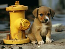 Cute puppy sitting by a fire hydrant AI Generative photo