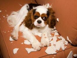 Dog with a mischievous expression surrounded by torn-up pillows AI Generative photo