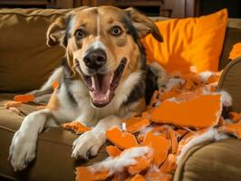 Dog with a mischievous expression surrounded by torn-up pillows AI Generative photo