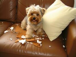 Dog with a mischievous expression surrounded by torn-up pillows AI Generative photo