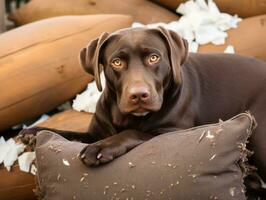 Dog with a mischievous expression surrounded by torn-up pillows AI Generative photo