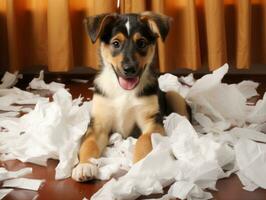 Dog with a mischievous expression surrounded by torn-up pillows AI Generative photo