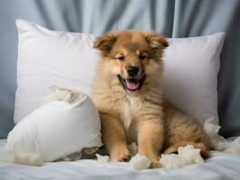 Dog with a mischievous expression surrounded by torn-up pillows AI Generative photo