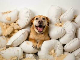 Dog with a mischievous expression surrounded by torn-up pillows AI Generative photo