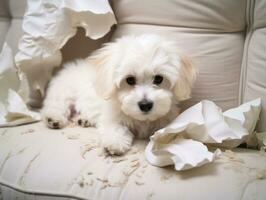 Dog with a mischievous expression surrounded by torn-up pillows AI Generative photo