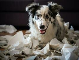 Dog with a mischievous expression surrounded by torn-up pillows AI Generative photo