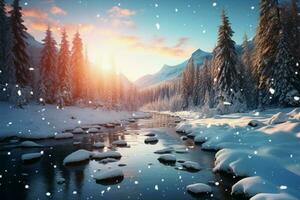 Carpathian Mountains winter beauty sunshine filtering through the enchanting forest AI Generated photo