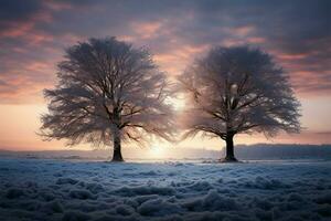 un sereno invierno paisaje, un solitario árbol bañado en tarde noche nevada ai generado foto