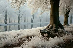Amid the frosty beechwood, natures serene winter elegance shines through AI Generated photo
