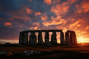 antiguo Stonehenge marcas el invierno solsticio con místico celestial alineación ai generado foto