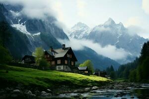 Alpine houses nestled in the shroud of Dachsteins misty embrace AI Generated photo