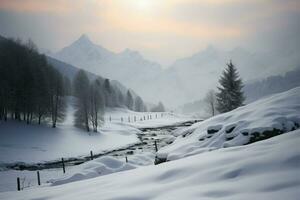 Austrias winter landscape showcases the majestic beauty of the Alps AI Generated photo