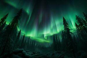 Northern lights paint the forest in green, an ethereal spectacle AI Generated photo