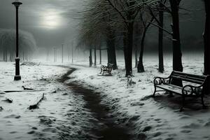 A somber, monochrome January landscape, trees shrouded in winters sorrow AI Generated photo