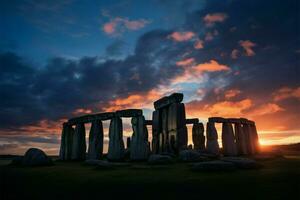 antiguo Stonehenge marcas el invierno solsticio con místico celestial alineación ai generado foto