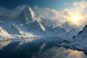 3D graphic showcasing a wintry mountain range as a background AI Generated photo