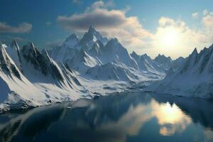 3D rendering of snow capped peaks in a mountainous landscape AI Generated photo