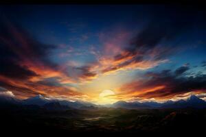 A mountainous horizon hosts a brilliant, sunny and colorful sky AI Generated photo