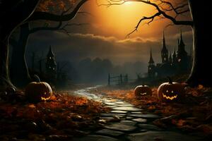 A Halloween scene amidst the vibrant tapestry of autumns beauty AI Generated photo