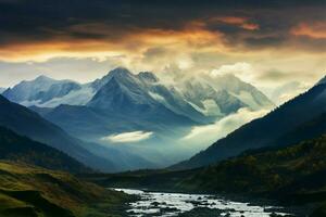 svanetis montaña pasar envuelto en denso niebla en el Cáucaso ai generado foto