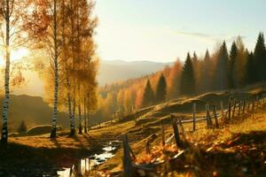 un sereno otoño paisaje con un Dom besado abedul bosque fondo ai generado foto