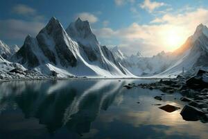 Snowy mountains depicted in a stunning 3D rendered backdrop AI Generated photo