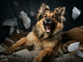 Dog with a mischievous expression surrounded by torn-up pillows AI Generative photo