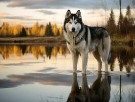 Dog and its reflection in a calm pond AI Generative photo