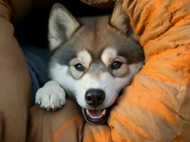 Dog with a mischievous expression surrounded by torn-up pillows AI Generative photo