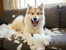 Dog with a mischievous expression surrounded by torn-up pillows AI Generative photo