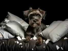 Dog with a mischievous expression surrounded by torn-up pillows AI Generative photo