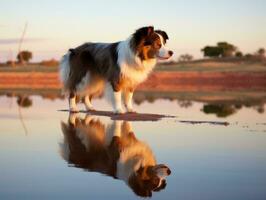 Dog and its reflection in a calm pond AI Generative photo