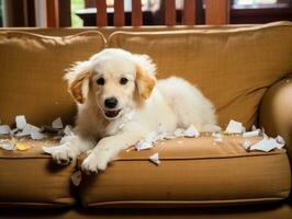 Dog with a mischievous expression surrounded by torn-up pillows AI Generative photo