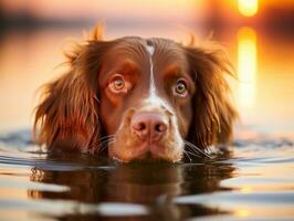 perro y sus reflexión en un calma estanque ai generativo foto