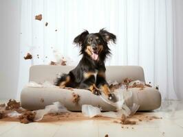 Dog with a mischievous expression surrounded by torn-up pillows AI Generative photo