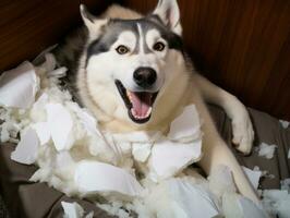 Dog with a mischievous expression surrounded by torn-up pillows AI Generative photo