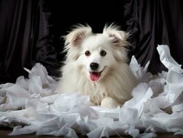 Dog with a mischievous expression surrounded by torn-up pillows AI Generative photo