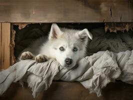 Dog with a mischievous expression surrounded by torn-up pillows AI Generative photo