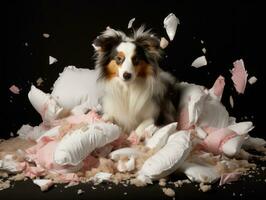 Dog with a mischievous expression surrounded by torn-up pillows AI Generative photo