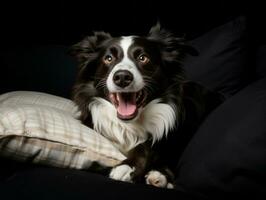 Dog with a mischievous expression surrounded by torn-up pillows AI Generative photo