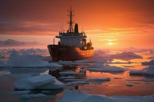 un cautivador puesta de sol fondo para un ártico Romper el hielo expedición ai generado foto