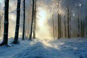 el Cállate de un haya invierno bosque, cubierto en brillante nieve ai generado foto