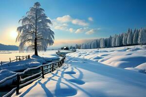 A picturesque winter vista with snow draped trees, serene and enchanting AI Generated photo