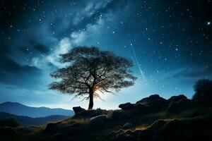 un colinas solitario árbol debajo un estrellado noche, lechoso camino ai generado foto