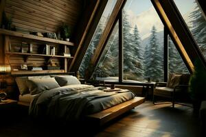 A cozy chalet room, adorned with wood, and a forest view AI Generated photo