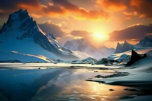 A breathtaking sunset backdrop against a majestic snowy mountain landscape AI Generated photo