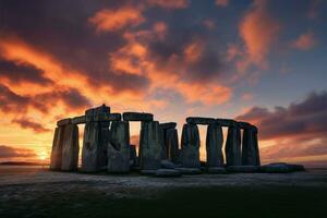 invierno solsticio a Stonehenge un sagrado alineación de antiguo piedras ai generado foto