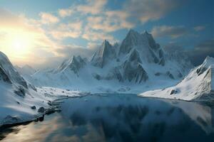 3D graphic showcasing a wintry mountain range as a background AI Generated photo